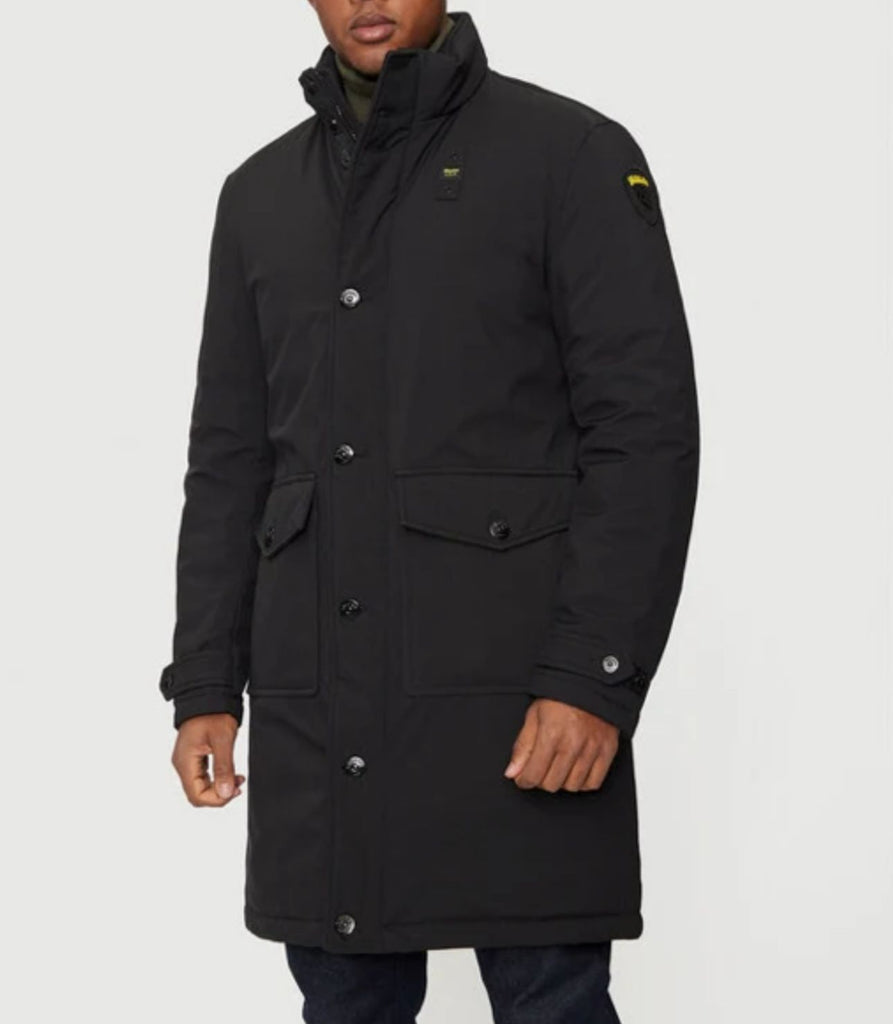 GIUBBINO BLAUER UOMO  LUNGO CON CERNIERA E BOTTONI , GIROCOLLO , E LOGO BRACCIO GIALLO-NERO