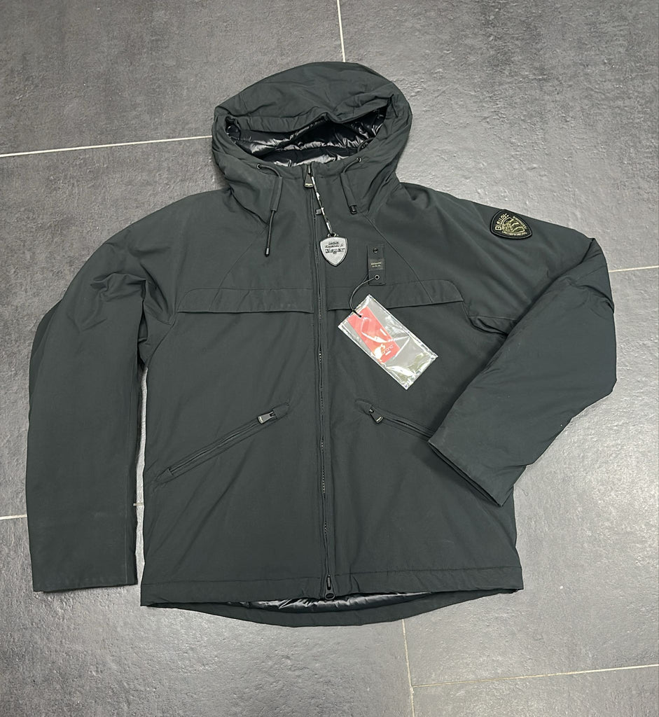 GIUBBINO BLAUER UOMO PIUMINO LISCIO CON CAPPUCIO TASCHE TRASVERSALI LOGO BRACCIO VERDE MILITARE