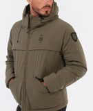 GIUBBINO BLAUER UOMO PIUMINO LISCIO CON CAPPUCIO TASCHE TRASVERSALI LOGO BRACCIO VERDE MILITARE