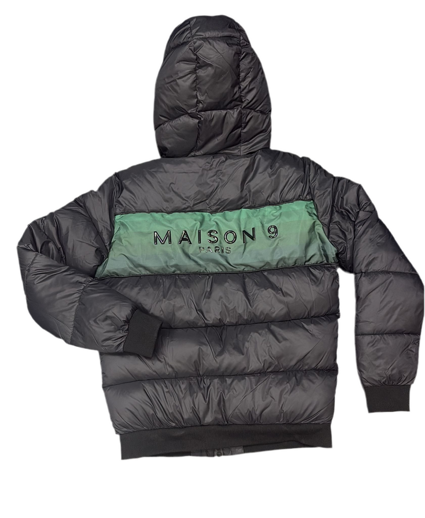 GIUBBINO MAISON 9 PARIS UOMO PIUMINO CON BANDA CENTRALE VERDE LOGO LATO CUORE E RETRO