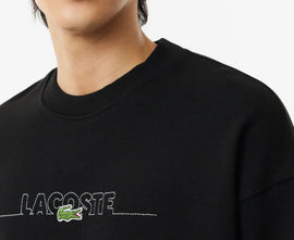 FELPA LACOSTE UOMO COTONE , GIROCOLLO, CON SCRITTA CENTRALE TRATTEGGIATA CUCITA E COCCODRILLO CENTRALE