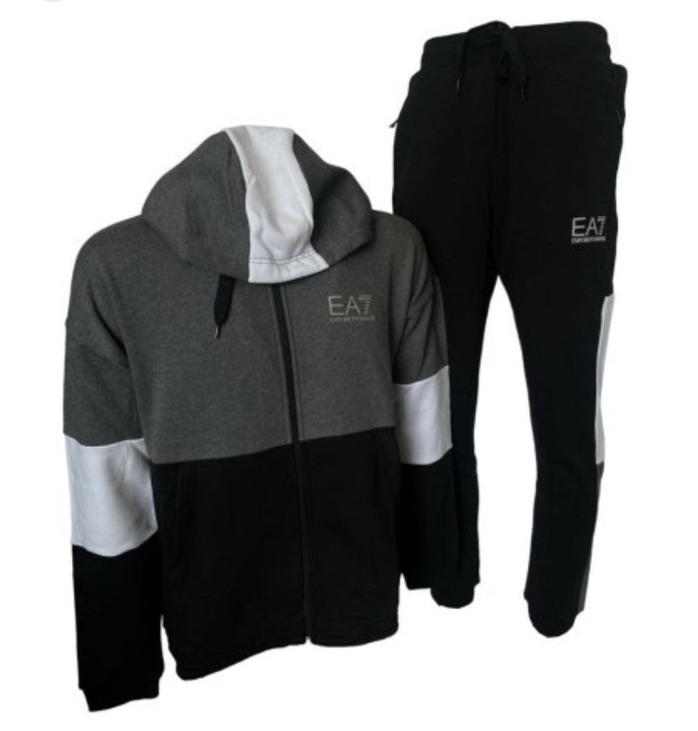 TUTA COMPLETA EA7 UOMO FELPATA NERA-GRIGIO-BIANCO