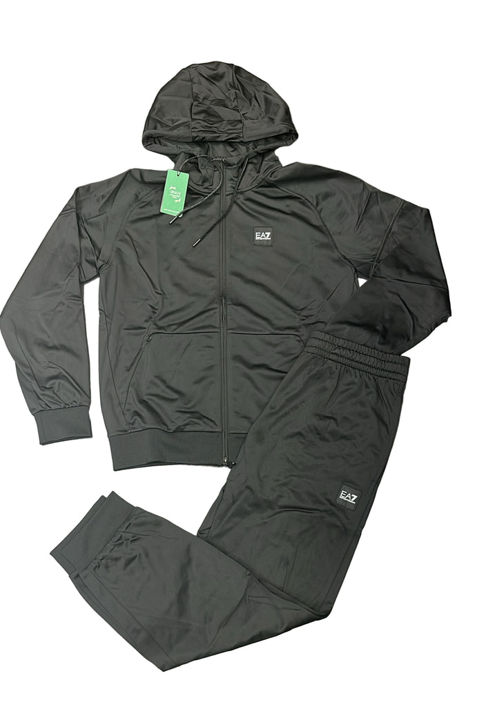 TUTA COMPLETA EA7 UOMO ACETATA CON CAPPUCCIO E LOGO LATO CUORE E RETRO BIANCO