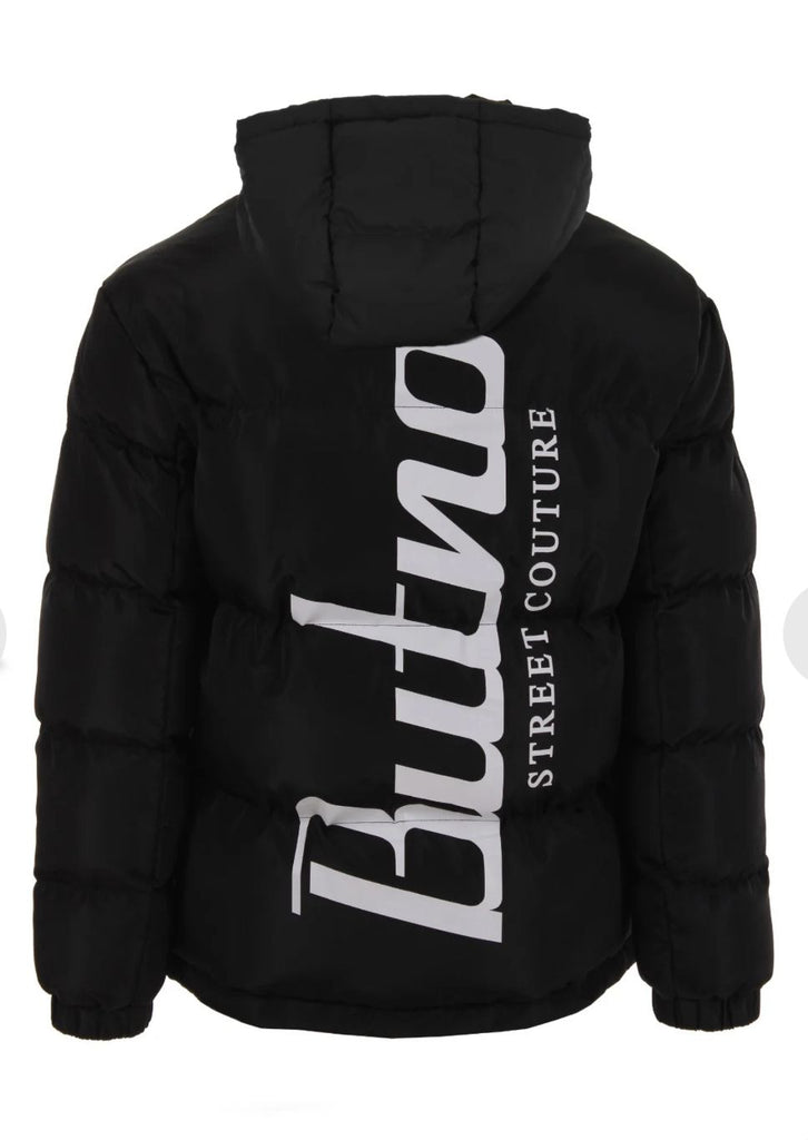GIUBBINO BUTNOT UOMO PIUMINO CON SCRITTA LUNGO SCHIENA E CAPPUCCIO
