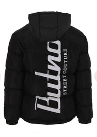 GIUBBINO BUTNOT UOMO PIUMINO CON SCRITTA LUNGO SCHIENA E CAPPUCCIO