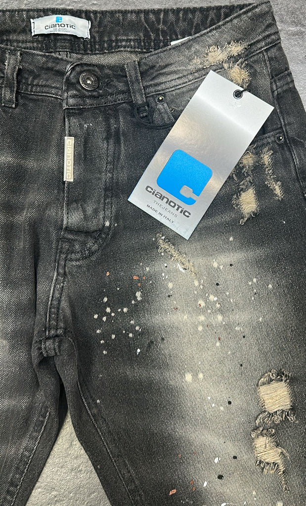 JEANS CIANOTIC UOMO FIT CON SFUMATURA GAMBA COLOR SABBIA E SCHIZZI COLORATI
