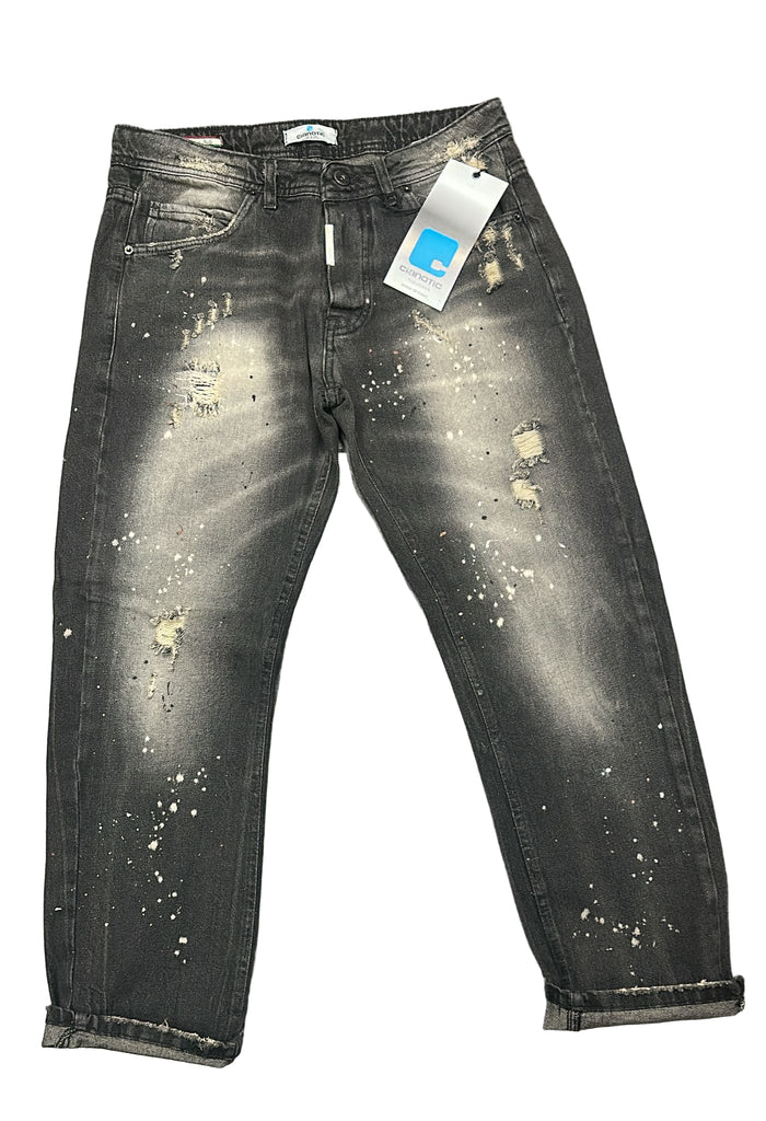 JEANS CIANOTIC UOMO FIT CON SFUMATURA GAMBA COLOR SABBIA E SCHIZZI COLORATI