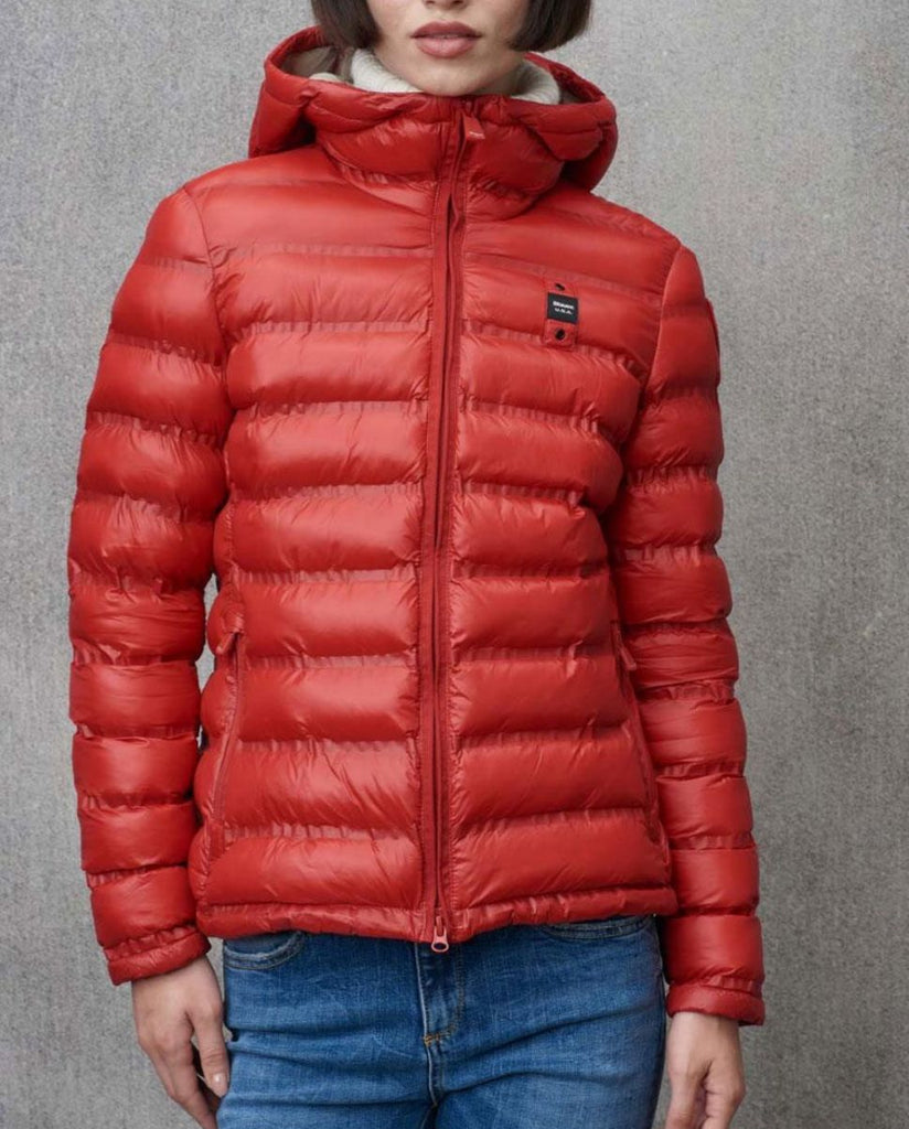 GIUBBINO BLAUER DONNA PIUMINO CAPPUCCIO LOGO CUCITO E SCRITTA BIANCA