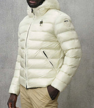 Carica l&#39;immagine nel visualizzatore di Gallery, GIUBBINO BLAUER UOMO PIUMINO CUCITURE DIRITTE LOGO PANNA-NERO BRACCIO CON CAPPUCCIO