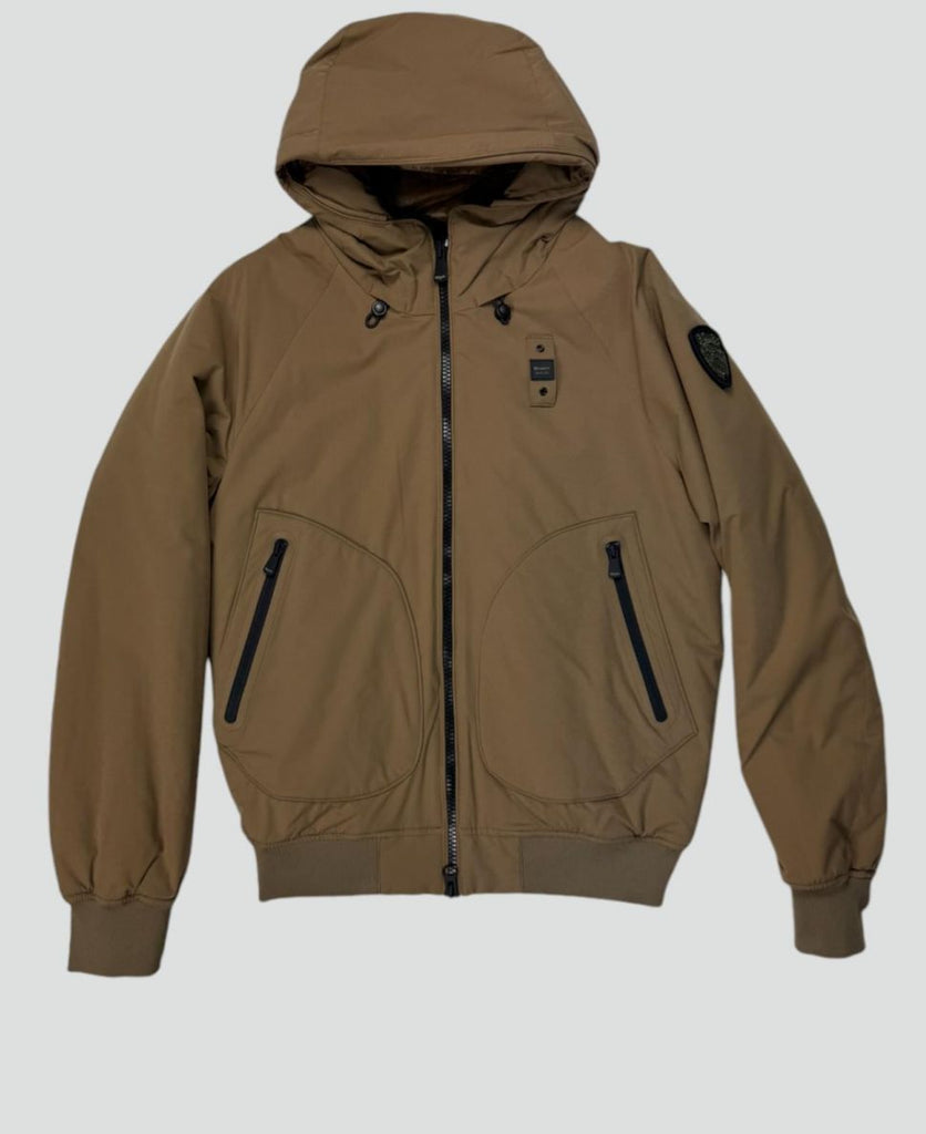 GIUBBINO BLAUER UOMO PIUMINO LISCIO CON POLSINI , CAPPUCCIO E LOGO BRACCIO VERDE MILITARE