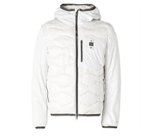 Carica l&#39;immagine nel visualizzatore di Gallery, GIUBBINO BLAUER UOMO PIUMINO ONDA CON DETTAGLI GIALLI CON CAPPUCCIO IMPERMEABILE MANICA LISCIA