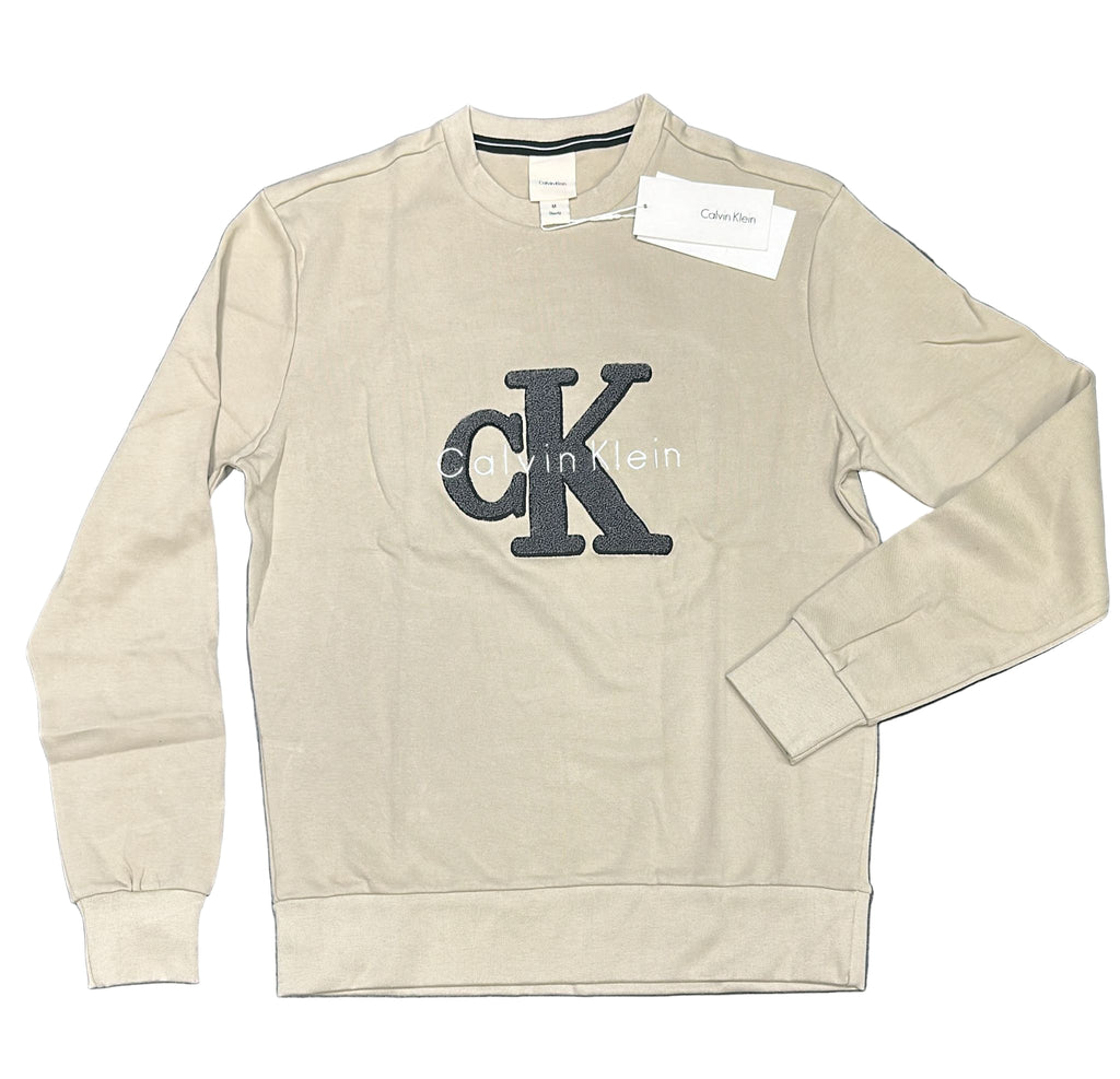 FELPA CALVIN KLEIN UOMO , COTONE, CON LOGO CENTRALE GRANDE PELUCHE GRIGIO