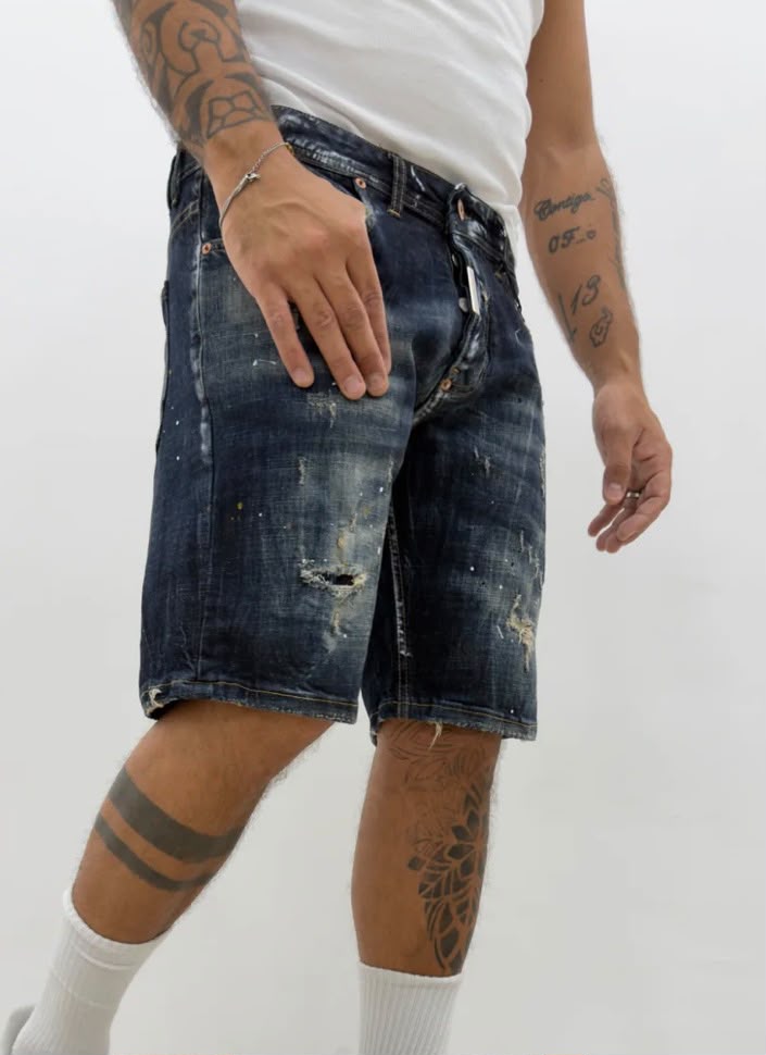 JEANS CIANOTIC BERMUDA SABBIATO CON SCHIZZI PITTURA