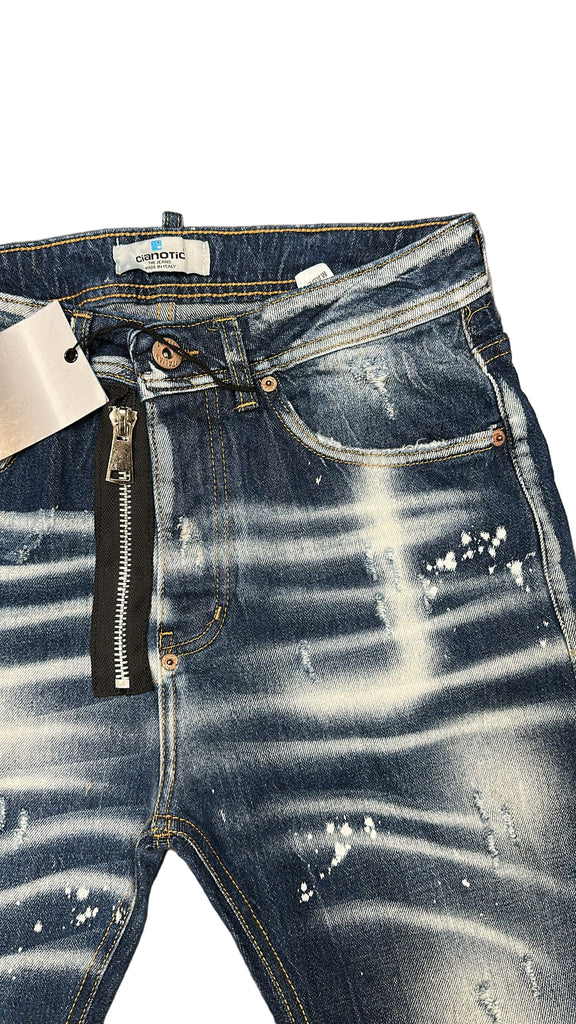 JEANS CIANOTIC UOMO SLIM CON CERNIERA , BOTTONI E SCHIZZI BIANCHI