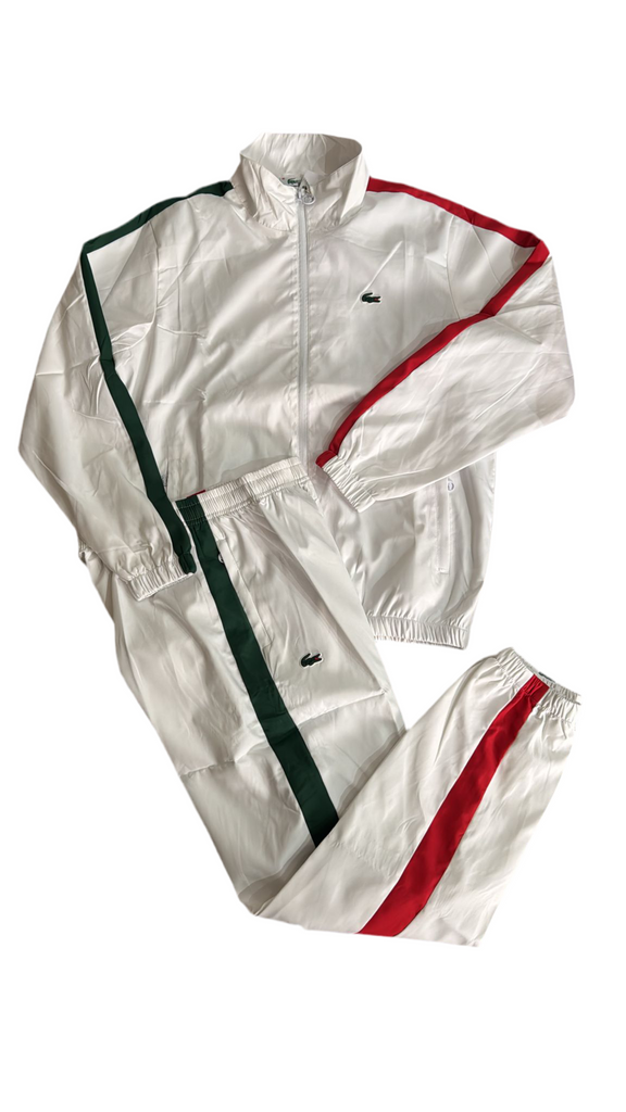 TUTA COMPLETA LACOSTE UNISEX MICROFIBRA CON BANDE LATERALI COLORATE E LOGO GRANDE RETRO