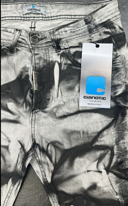 JEANS CIANOTIC UOMO FIT CON SFUMATURA GAMBA COLOR SABBIA E SCHIZZI COLORATI