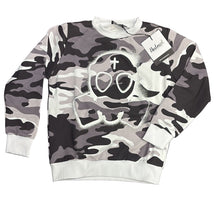 Carica l'immagine nel visualizzatore di Gallery, FELPA BUTNOT BAMBINO FELPATA CON TESCHIO CENTRALE E STAMPA MILITARE