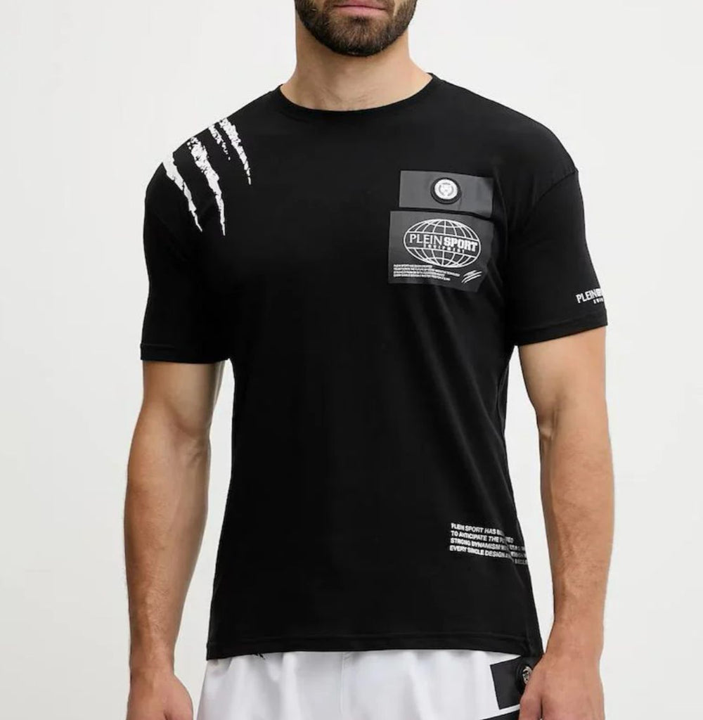 T-SHIRT PLEIN SPORT UOMO COTONE TARGHETTA LATO CUORE E GRAFFI MANICA