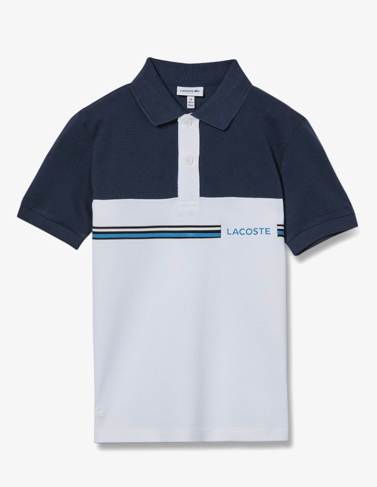 POLO LACOSTE BICOLOR BLU.BIANCA CON SCRITTA CELESTE LATO CUORE