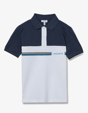 Carica l'immagine nel visualizzatore di Gallery, POLO LACOSTE BICOLOR BLU.BIANCA CON SCRITTA CELESTE LATO CUORE