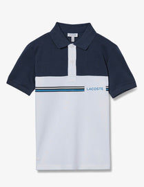 POLO LACOSTE BICOLOR BLU.BIANCA CON SCRITTA CELESTE LATO CUORE