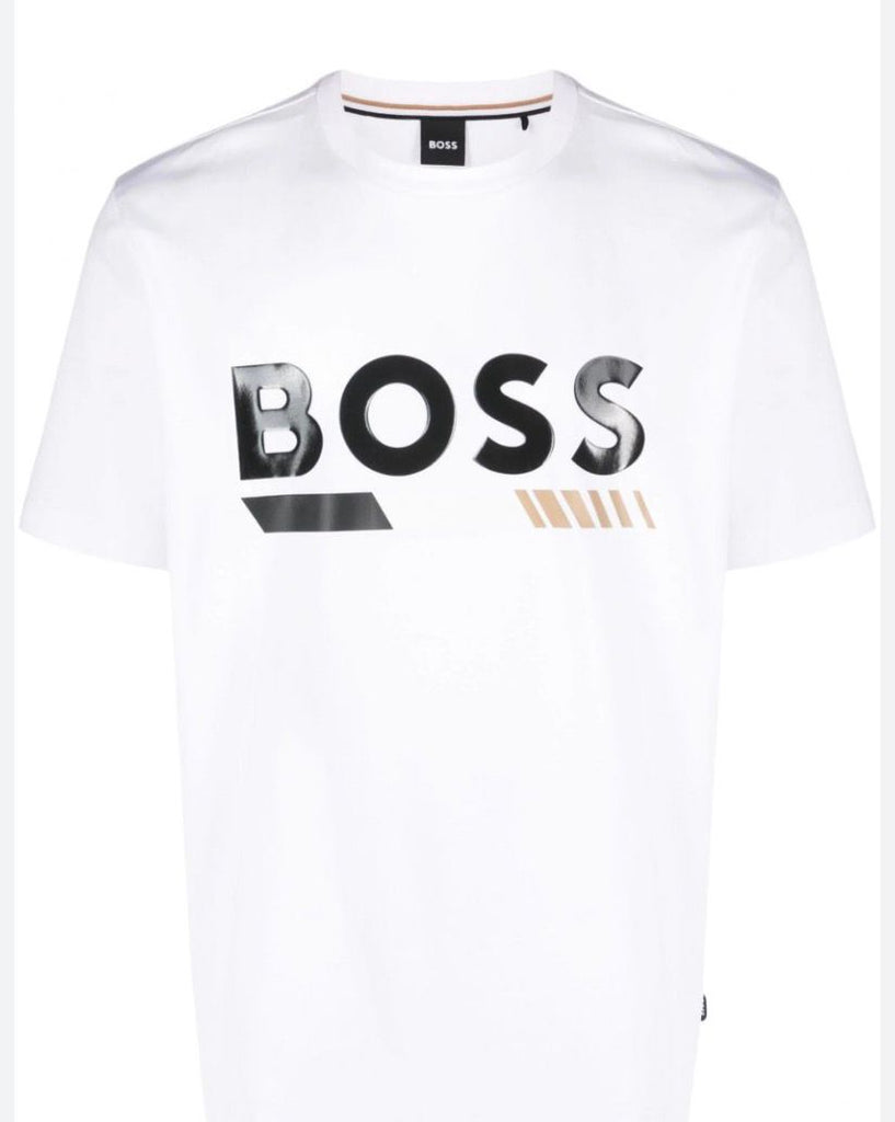 T-SHIRT BOSS CON SCRITTA CENTRALE E SCTRISCIE LATERALI