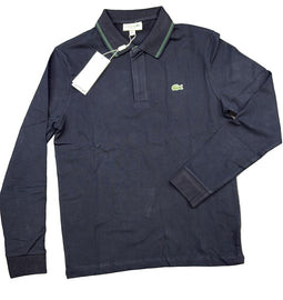 POLO LACOSTE UOMO COTONE , BORDO COLLO E MANICA VERDE E LOGO LATO CUORE CUCITO
