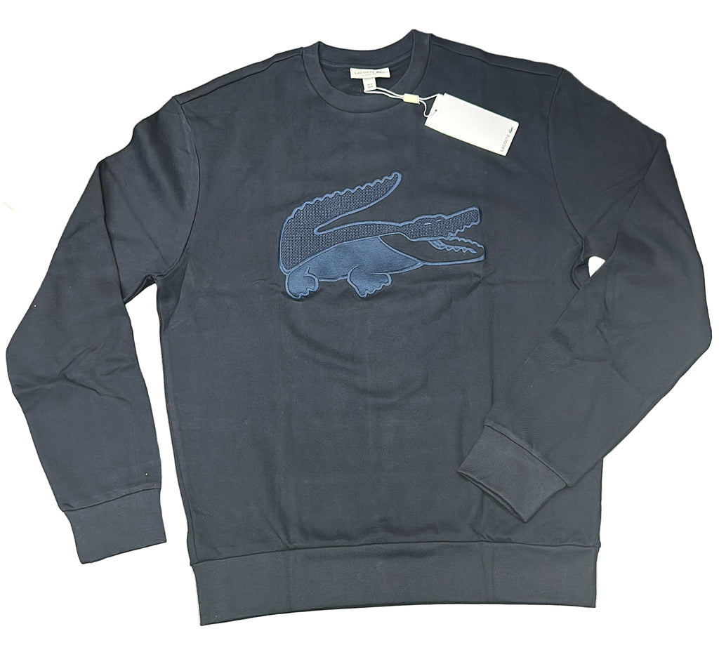 FELPA LACOSTE UOMO COTONE , GIROCOLLO, CON COCCODRILLO GRANDE CUCITO BLU