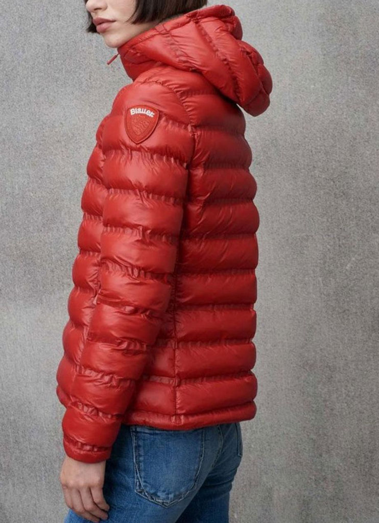 GIUBBINO BLAUER DONNA PIUMINO CAPPUCCIO LOGO CUCITO E SCRITTA BIANCA