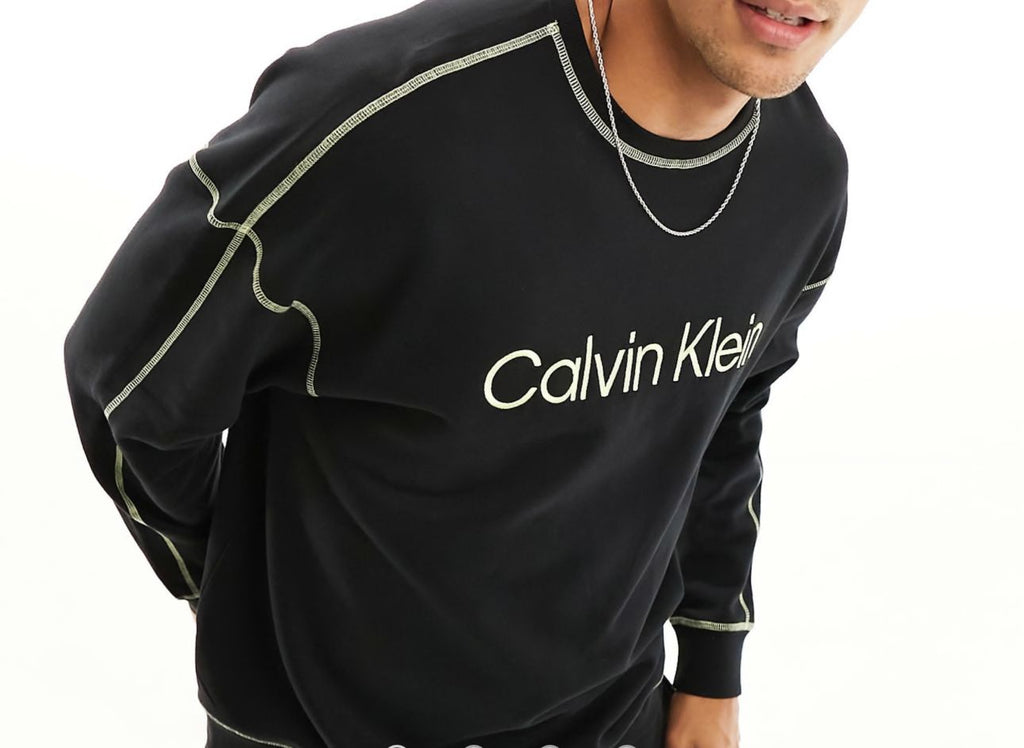 FELPA CALVIN KLEIN UOMO, COTONE , CON CUCITURE BIANCHE E SCRITTA CENTRALE